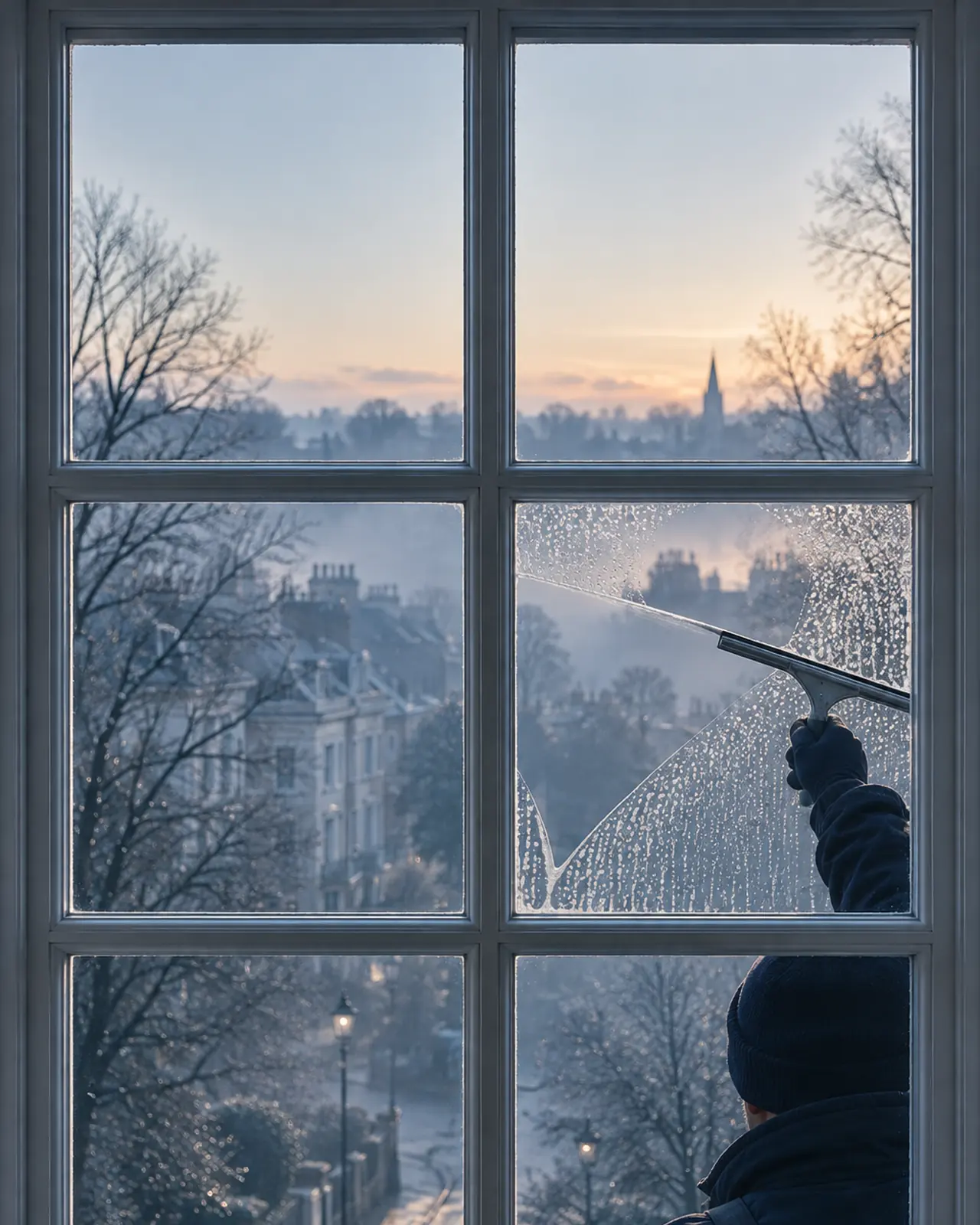A window cleaner draws a squeegee across a tall picture window of a bright two-story home in early morning light.